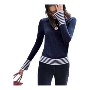 Boden Sweater Women's 8 Wool Jasmine Navy White Striped Bell Sleeves Wool Navy